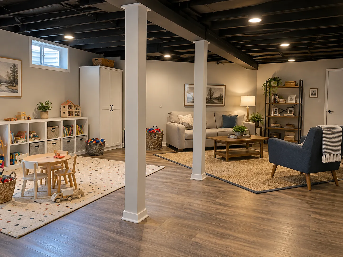 Basement with black open ceiling, white columns, children's play corner and lounge area