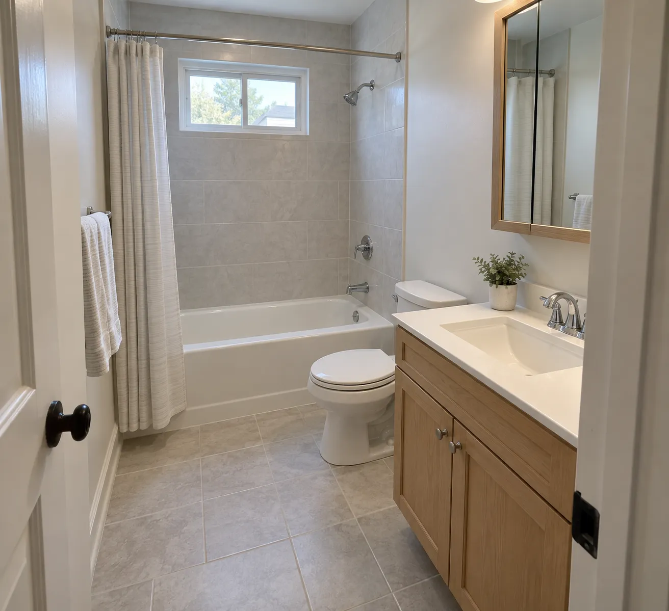 Renovated bathroom with tub, grey tile surround and light wood vanity, bathroom remodeling in Elmhurst