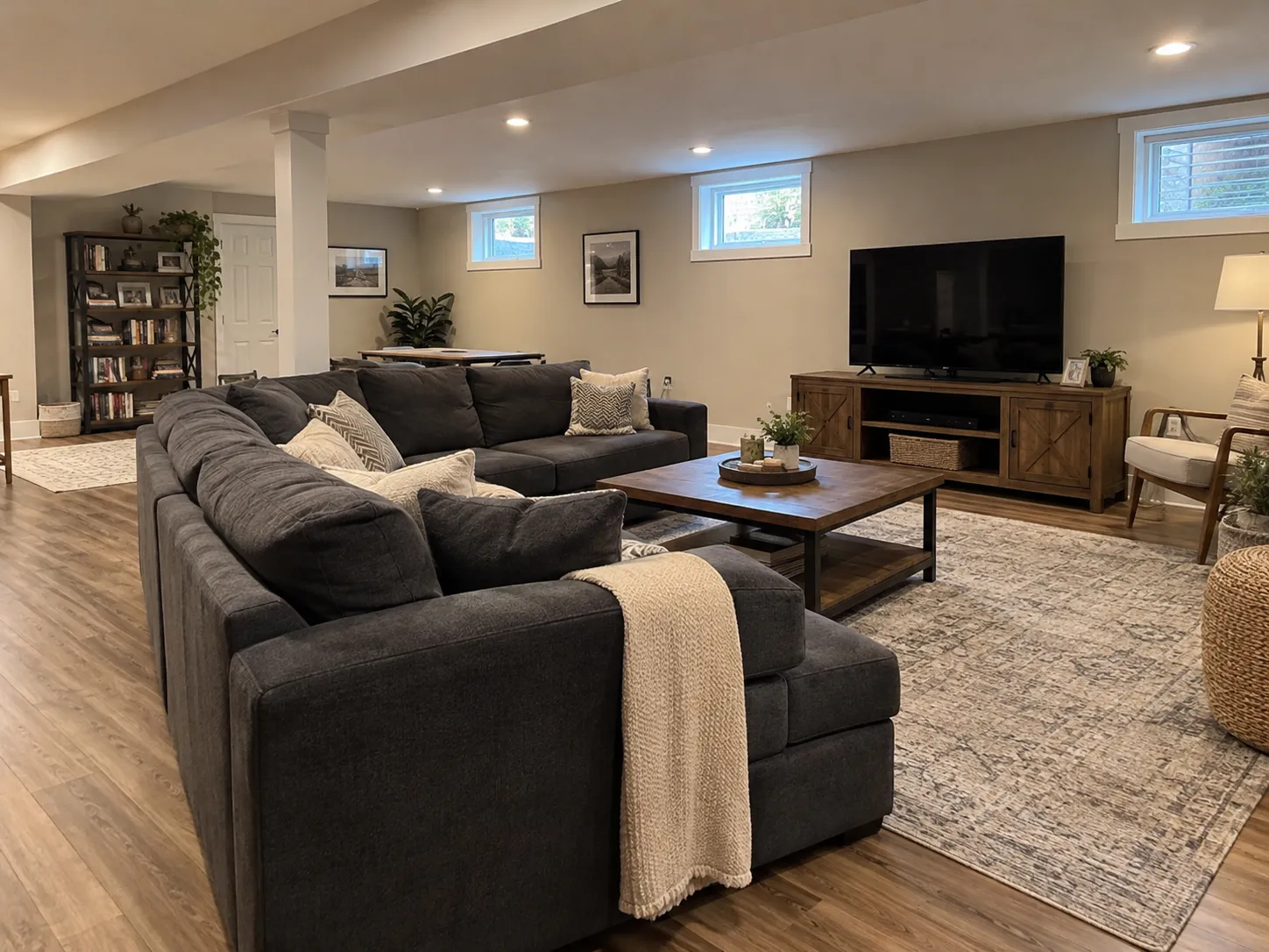 Basement family room with a charcoal sectional sofa, wood coffee table and TV