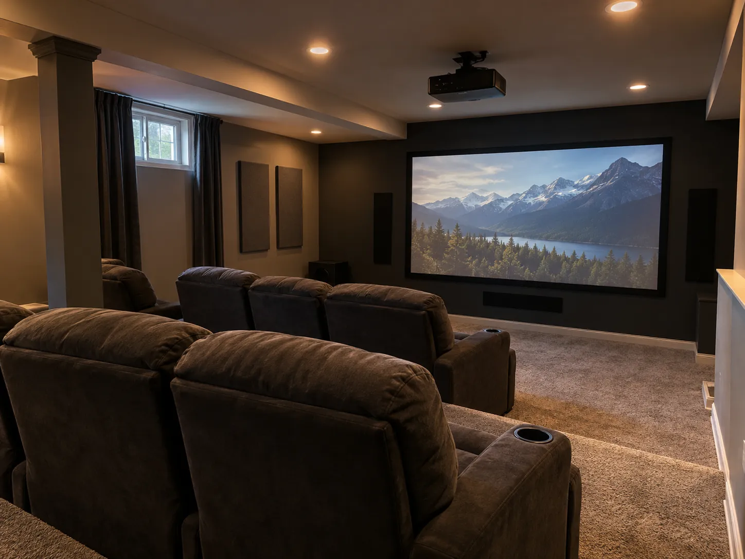 Home theater in a finished basement with rows of dark recliners and projector screen